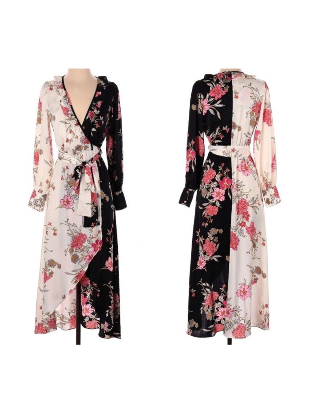 Misa Los Angeles Tabitha Floral Wrap Midi Dress Long Sleeve Size Medium Satin - Picture 2 of 16